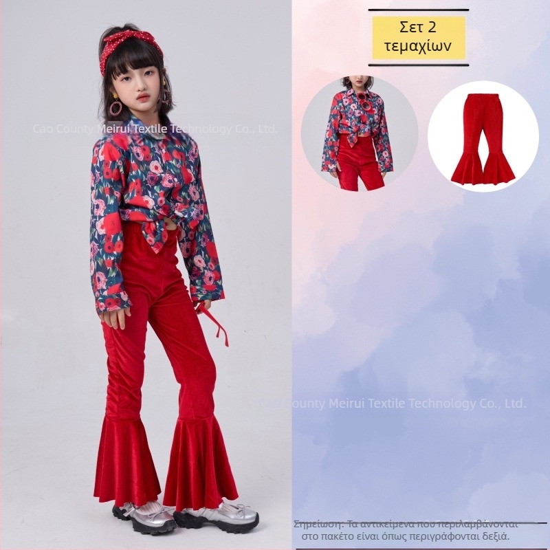 Σετ παιδικών ρούχων: ριζικό φλοράλ πουκάμισο σε ρετρό στυλ Χονγκ Κονγκ και παντελόνια με καμπανάκι, ύφασμα ακέτα-κορντουρύ, Καλοκαίρι 2025, για κορίτσια 3–8 ετών, ενδυμασία για σκηνή/χορό