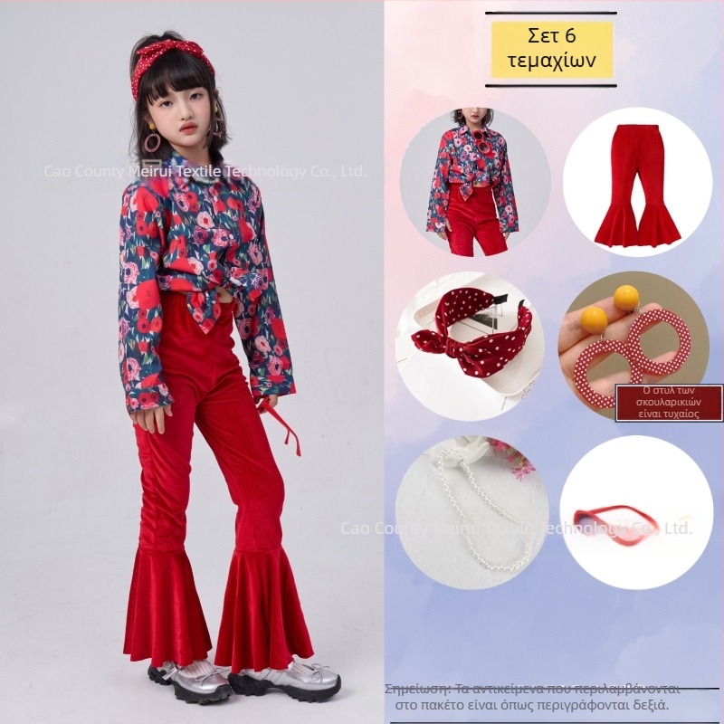 Σετ παιδικών ρούχων: ριζικό φλοράλ πουκάμισο σε ρετρό στυλ Χονγκ Κονγκ και παντελόνια με καμπανάκι, ύφασμα ακέτα-κορντουρύ, Καλοκαίρι 2025, για κορίτσια 3–8 ετών, ενδυμασία για σκηνή/χορό