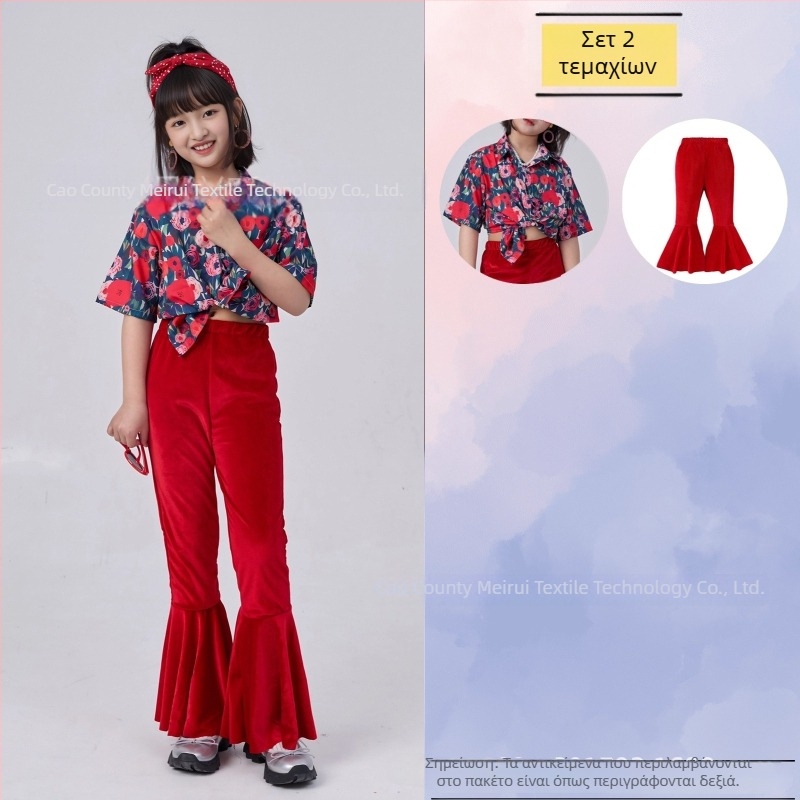 Σετ παιδικών ρούχων: ριζικό φλοράλ πουκάμισο σε ρετρό στυλ Χονγκ Κονγκ και παντελόνια με καμπανάκι, ύφασμα ακέτα-κορντουρύ, Καλοκαίρι 2025, για κορίτσια 3–8 ετών, ενδυμασία για σκηνή/χορό