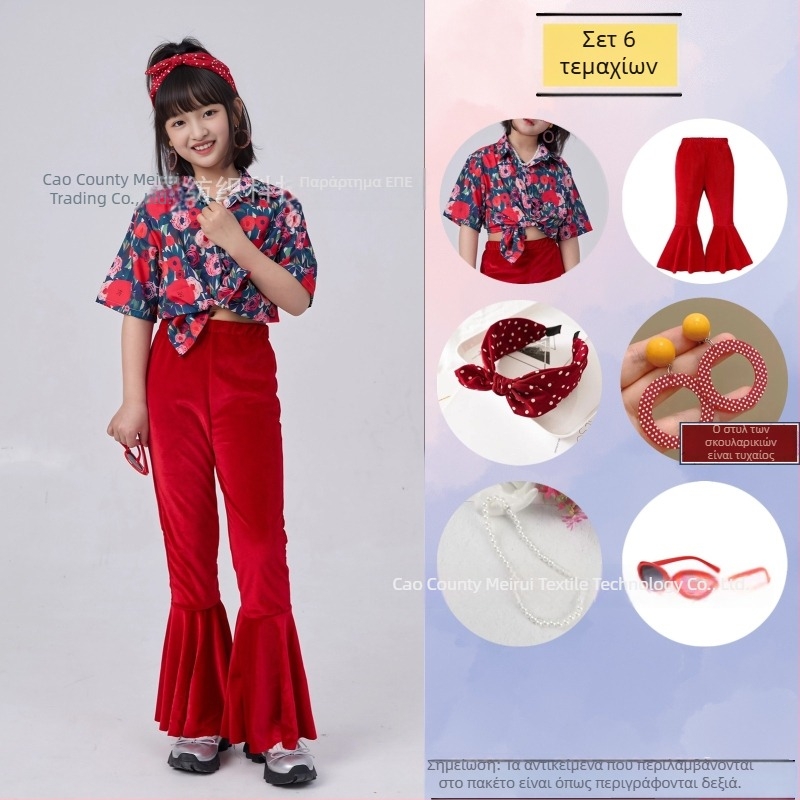 Σετ παιδικών ρούχων: ριζικό φλοράλ πουκάμισο σε ρετρό στυλ Χονγκ Κονγκ και παντελόνια με καμπανάκι, ύφασμα ακέτα-κορντουρύ, Καλοκαίρι 2025, για κορίτσια 3–8 ετών, ενδυμασία για σκηνή/χορό