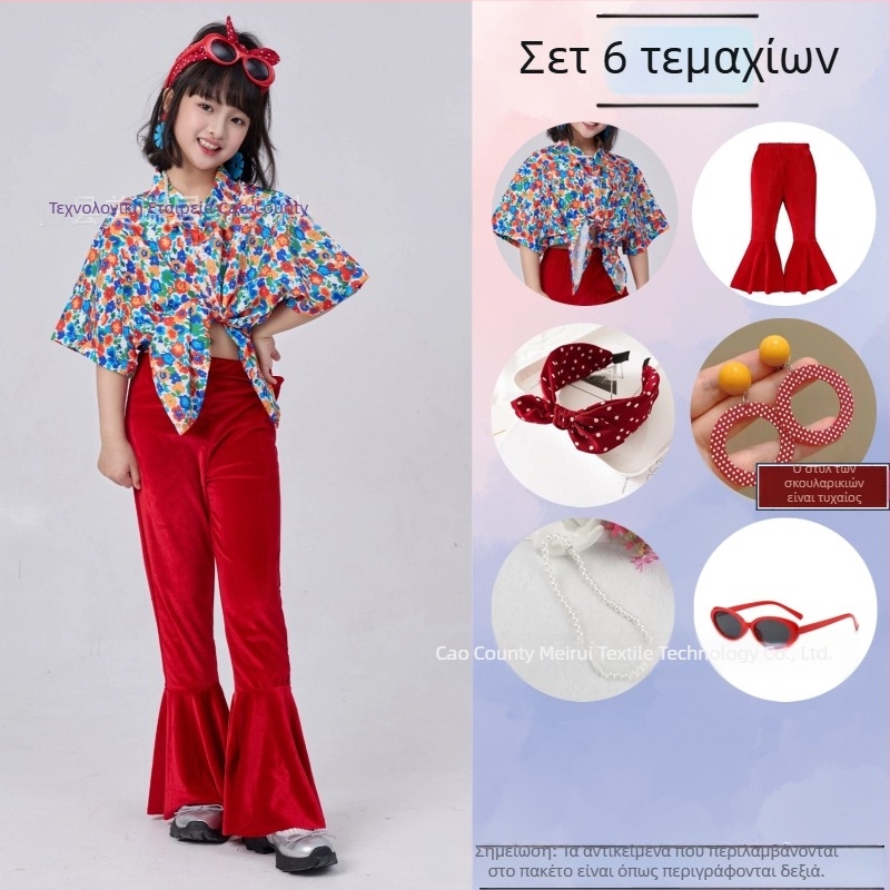 Σετ παιδικών ρούχων: ριζικό φλοράλ πουκάμισο σε ρετρό στυλ Χονγκ Κονγκ και παντελόνια με καμπανάκι, ύφασμα ακέτα-κορντουρύ, Καλοκαίρι 2025, για κορίτσια 3–8 ετών, ενδυμασία για σκηνή/χορό