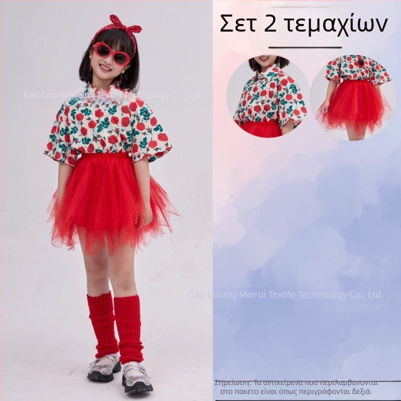 Σετ παιδικών ρούχων: ριζικό φλοράλ πουκάμισο σε ρετρό στυλ Χονγκ Κονγκ και παντελόνια με καμπανάκι, ύφασμα ακέτα-κορντουρύ, Καλοκαίρι 2025, για κορίτσια 3–8 ετών, ενδυμασία για σκηνή/χορό