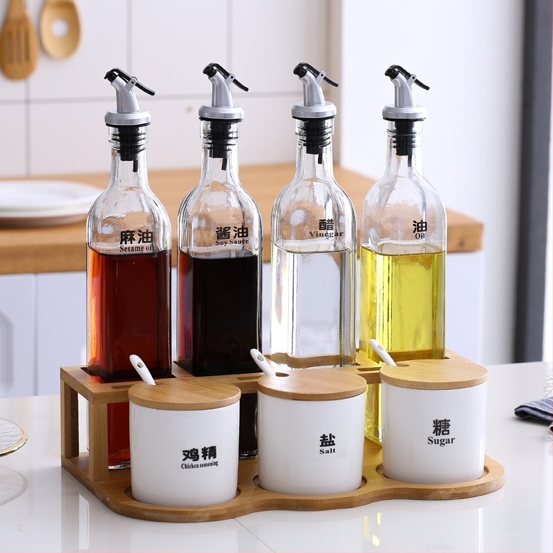 Κεραμικό σετ μπουκαλιών μπαχαρικών για την κουζίνα — μπουκάλια λαδιού, αλατιού, σουσαμιουλαδου, σάλτσας και ξιδιού, με καπάκια που ανοίγουν και κλείνουν αυτόματα, ιαπωνικού στυλ