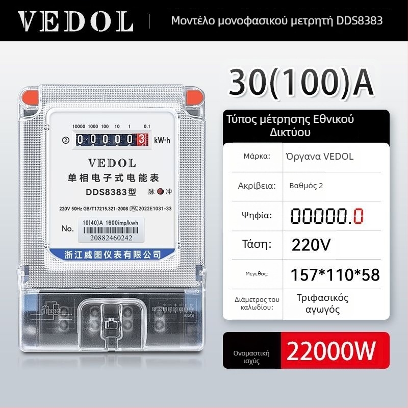Ψηφιακός έξυπνος μετρητής ενέργειας 220V, μονοφασικός, για οικιακή χρήση