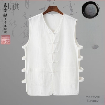 Λινένο γιλέκο με ρίγες σε κινεζικό εθνικό στυλ, φαρδιά γραμμή, στρογγυλός λαιμός