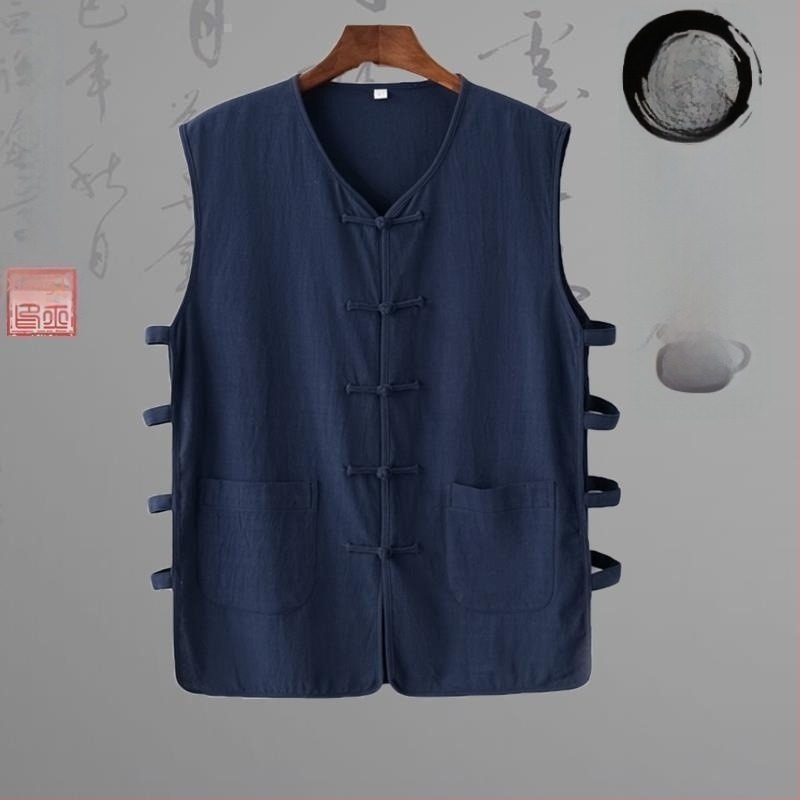 Λινένο γιλέκο με ρίγες σε κινεζικό εθνικό στυλ, φαρδιά γραμμή, στρογγυλός λαιμός