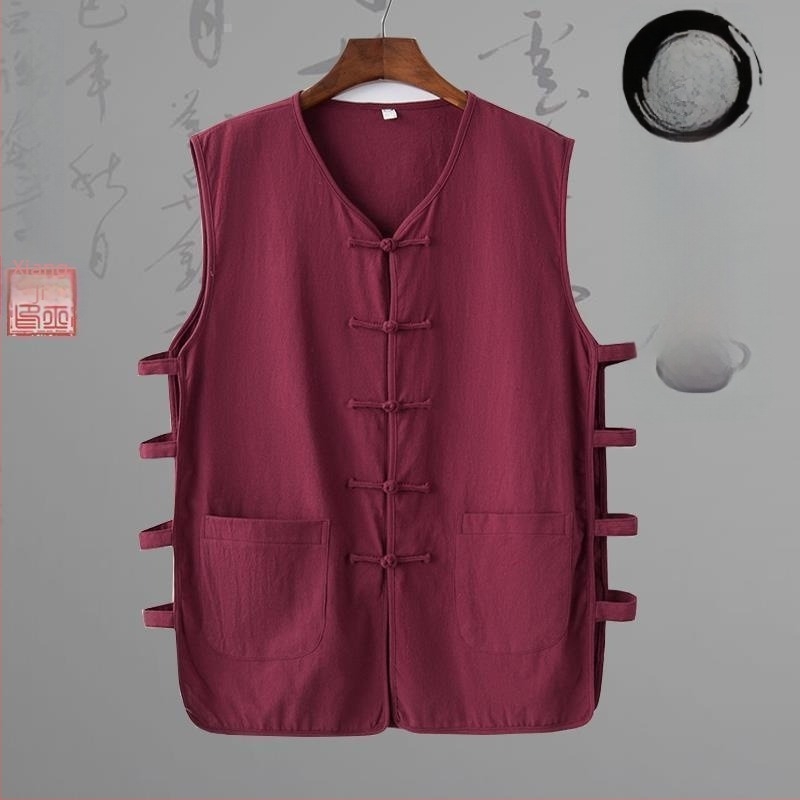 Λινένο γιλέκο με ρίγες σε κινεζικό εθνικό στυλ, φαρδιά γραμμή, στρογγυλός λαιμός