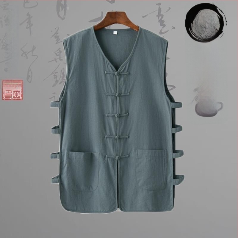 Λινένο γιλέκο με ρίγες σε κινεζικό εθνικό στυλ, φαρδιά γραμμή, στρογγυλός λαιμός