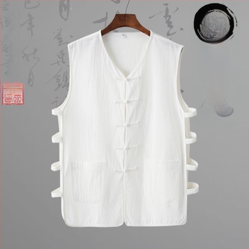 Λινένο γιλέκο με ρίγες σε κινεζικό εθνικό στυλ, φαρδιά γραμμή, στρογγυλός λαιμός
