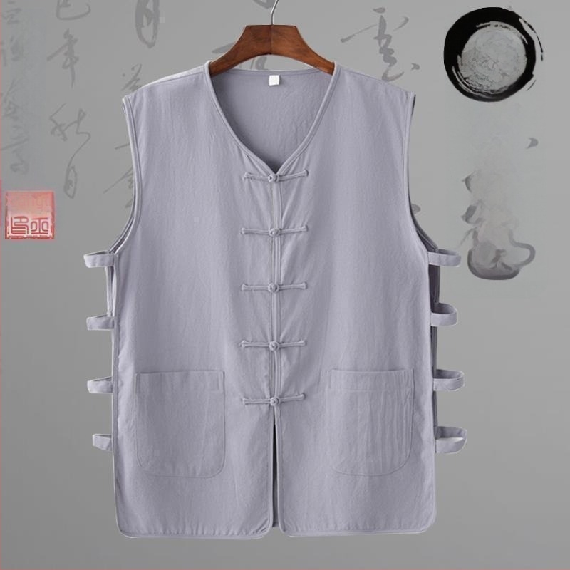 Λινένο γιλέκο με ρίγες σε κινεζικό εθνικό στυλ, φαρδιά γραμμή, στρογγυλός λαιμός