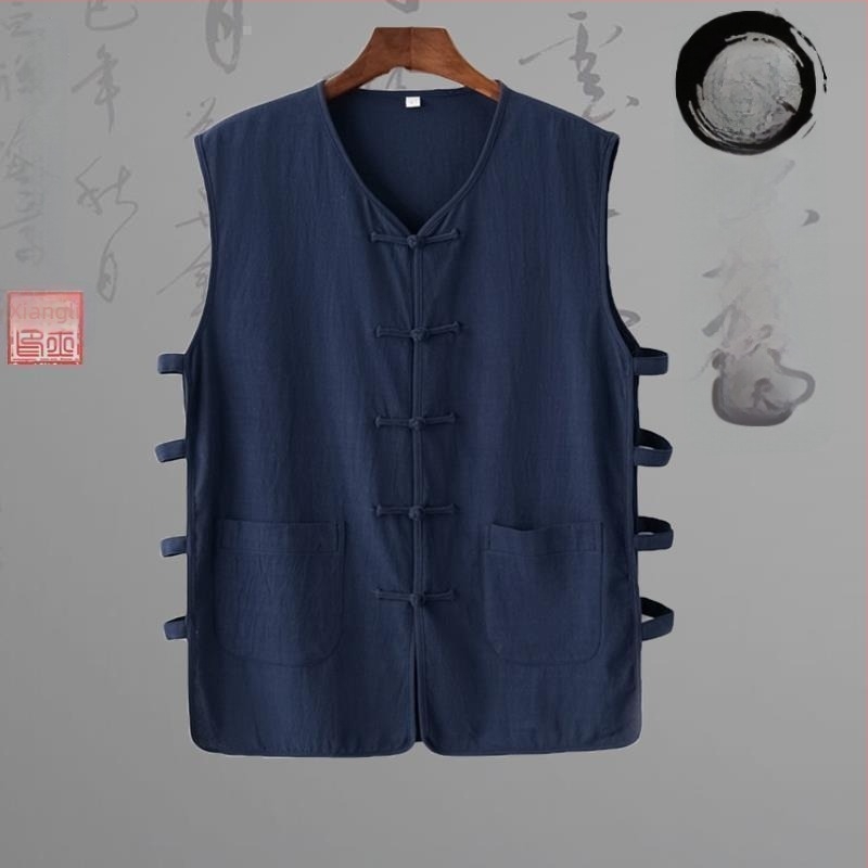 Λινένο γιλέκο με ρίγες σε κινεζικό εθνικό στυλ, φαρδιά γραμμή, στρογγυλός λαιμός