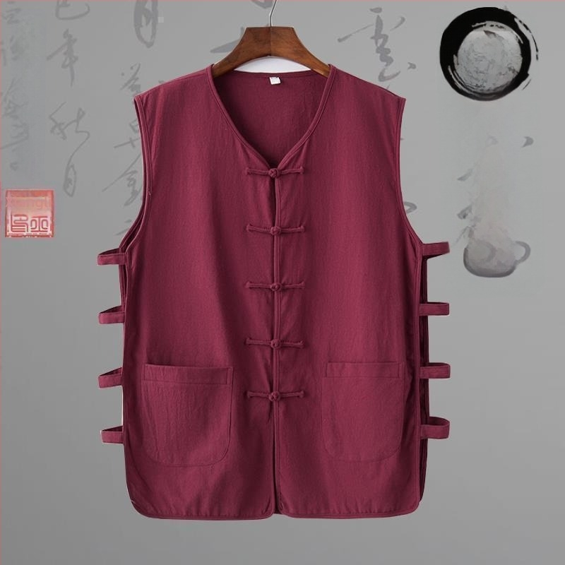 Λινένο γιλέκο με ρίγες σε κινεζικό εθνικό στυλ, φαρδιά γραμμή, στρογγυλός λαιμός