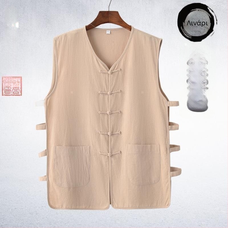 Λινένο γιλέκο με ρίγες σε κινεζικό εθνικό στυλ, φαρδιά γραμμή, στρογγυλός λαιμός