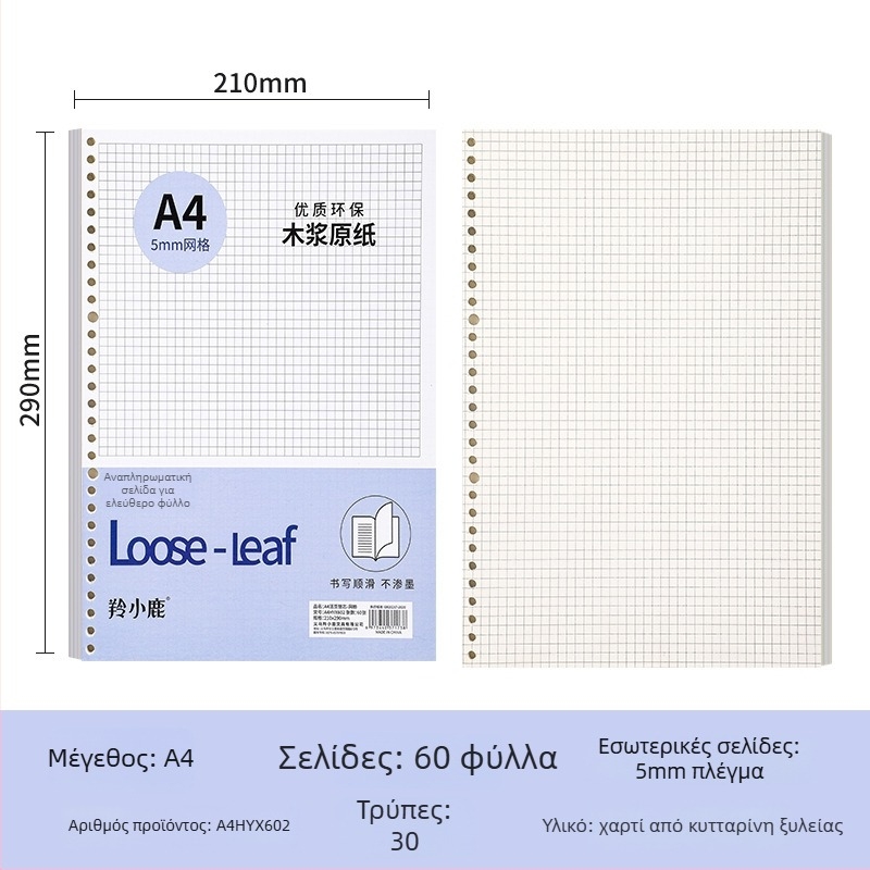 Loose-leaf core για σημειωματάριο, 60 φύλλα, οπές 20/26/30, σελίδες με πλέγμα, γραμμές και κενές, διπλό offset χαρτί, μοντέλο A4HYX601, Antelope Deer