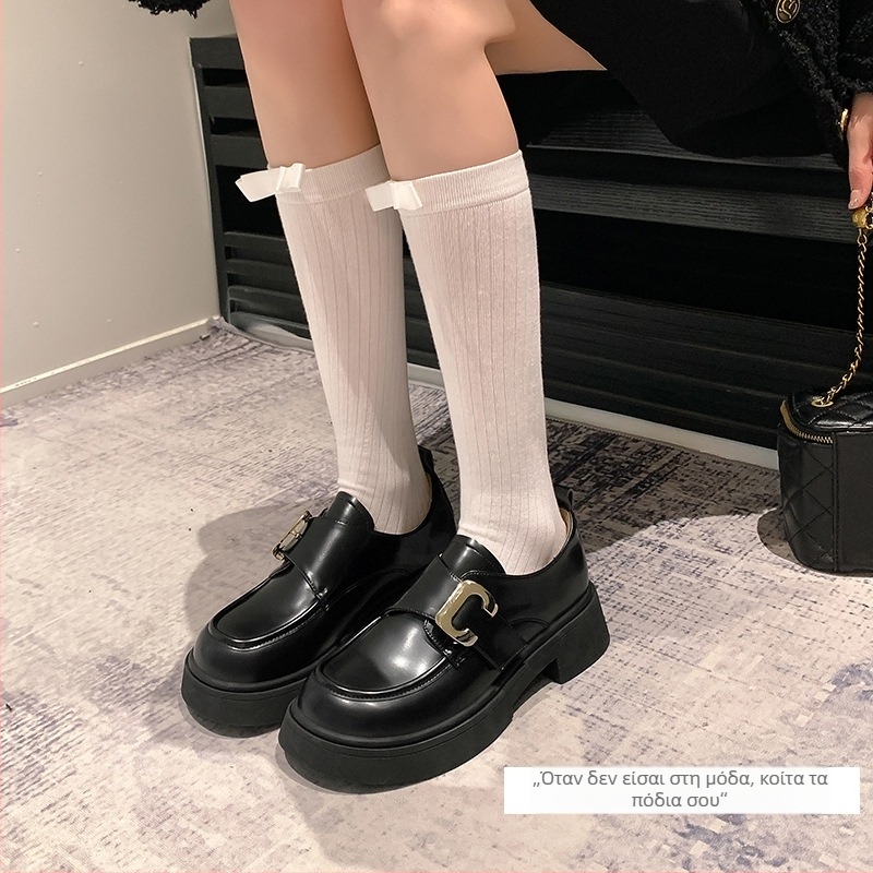 Loafers με στρογγυλό δάχτυλο, δέρμα αγελάδας, βρετανικό στυλ, μεσαίο ύψος τακουνιού 3-5 cm, καουτσούκ σόλα