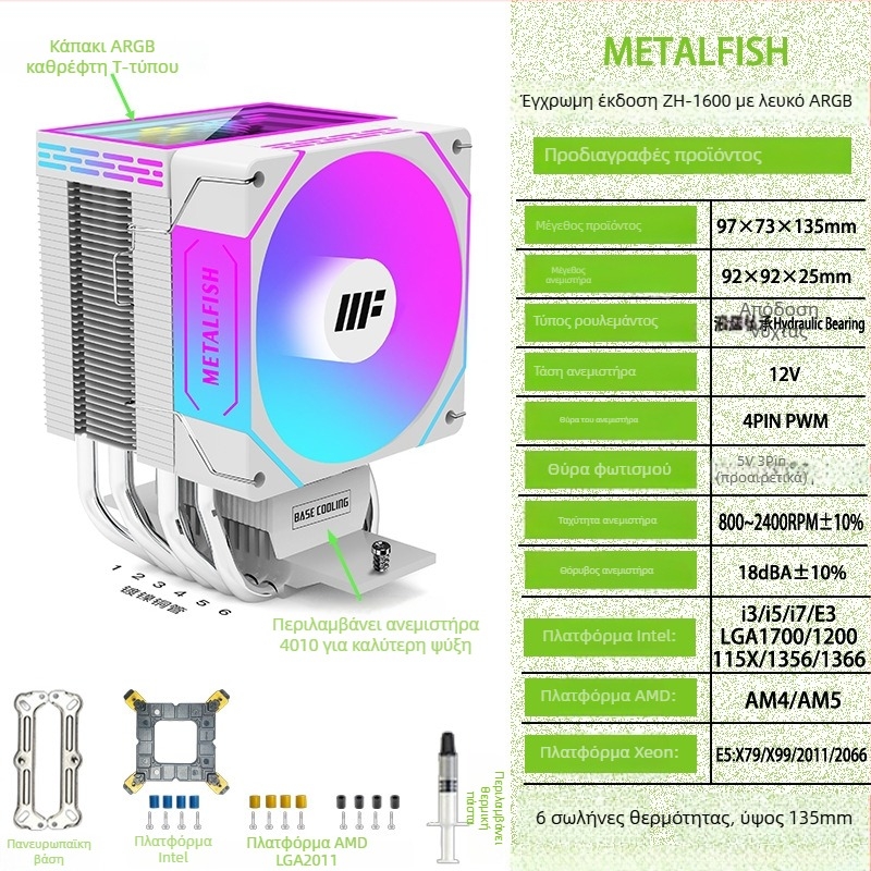 CPU ψύκτης Prism 1600, 6 θερμοσωλήνες, υδραυλικό ρουλεμάν, αερόψυξη