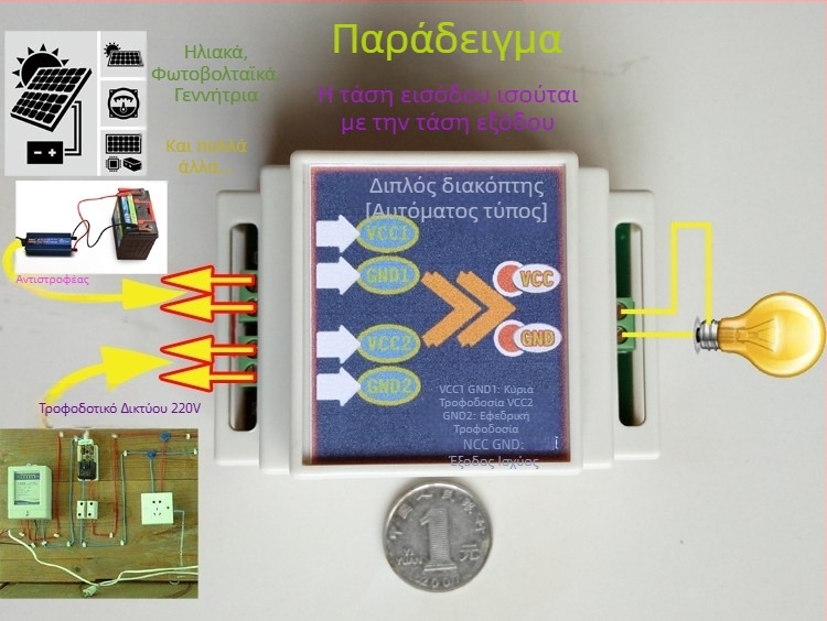 Αυτόματος διακόπτης διπλής τροφοδοσίας για DC 12/24V και AC 220V, 10A, μονάδα μεταγωγής με 2 εισόδους και 1 έξοδο