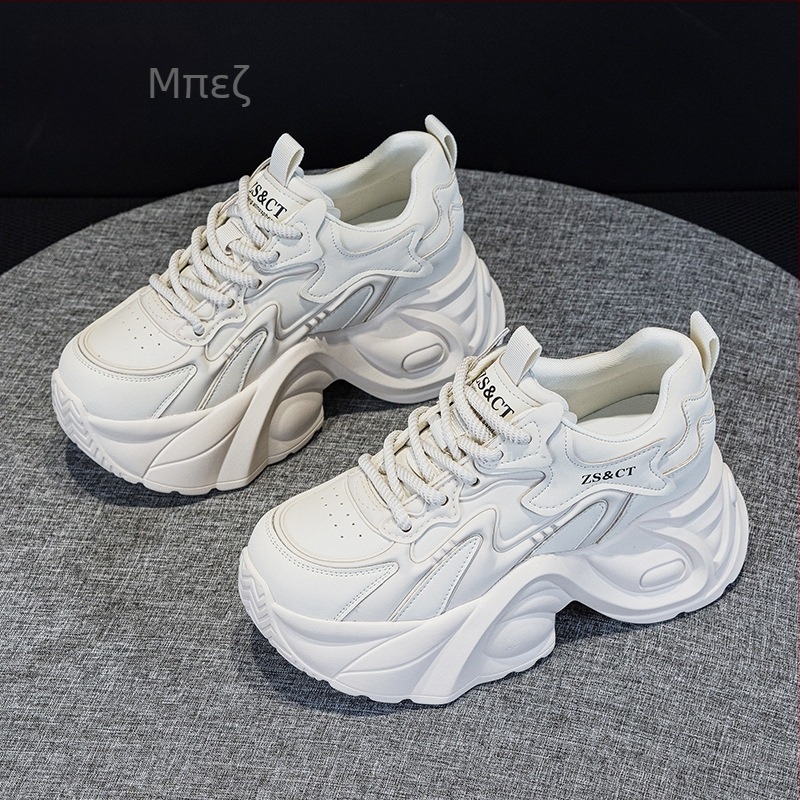 Γυναικείες sneakers τύπου dad shoes με φαρδιά σόλα - Άνω μέρος από διπλό δέρμα αγελάδας, fleece επένδυση, 6–8 cm πλατφόρμα, TPU σόλα, Κούμπωμα με κορδόνια