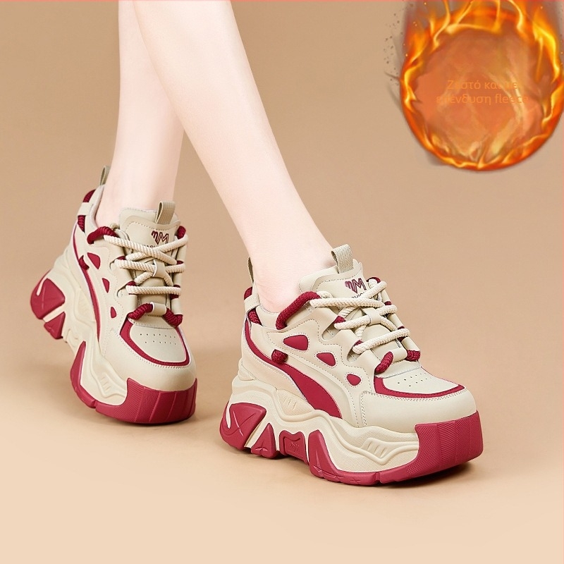 Γυναικεία παπούτσια τύπου dad shoes με αύξηση ύψους, φτέρνα σε σφηνοειδές σχήμα 6-8 cm, επάνω μέρος από Super Fiber, κορδόνια