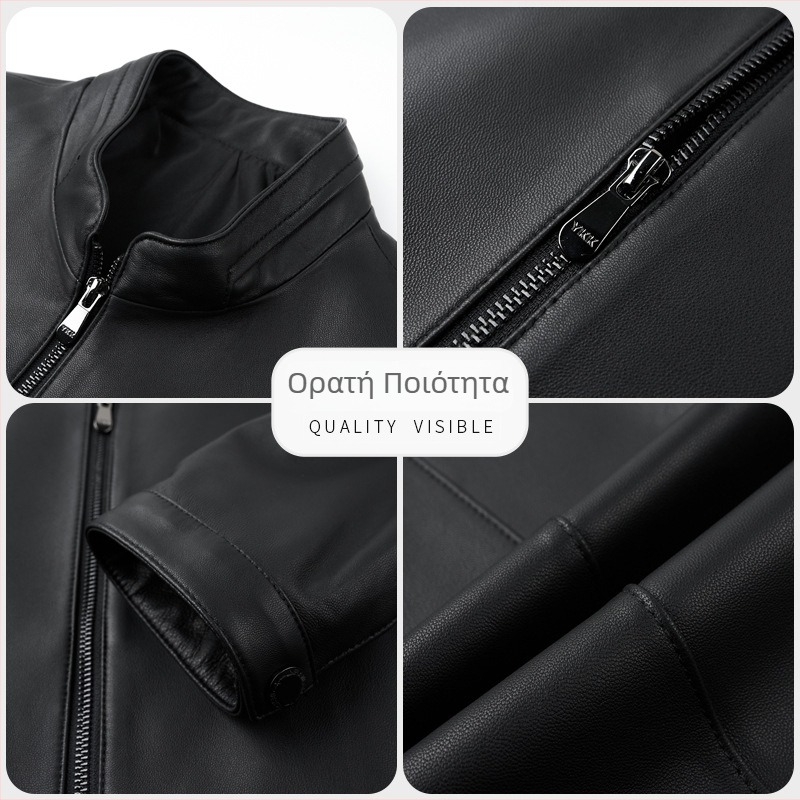 Ανδρικό δερμάτινο μπουφάν μοτοσικλέτας από δέρμα κατσίκας — στενή γραμμή, κολάρο-στάση, φερμουάρ, εσωτερική επένδυση πολυεστερικού υλικού