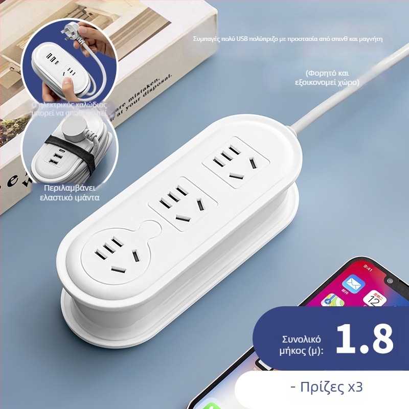 Ταξιδιωτικό πολύπριζο με φόρτιση USB, νυχτερινό φως και αποθήκευση καλωδίου; τάση 110-250V, ισχύς έως 2500W, αγωγοί από χαλκό, περίβλημα PP, πιστοποίηση CCC