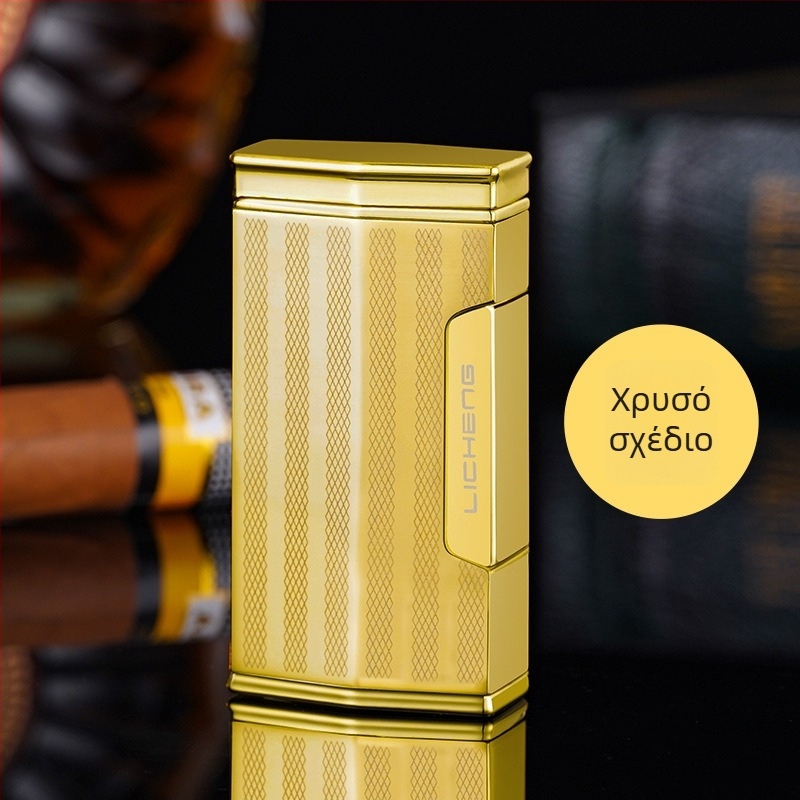 Τετραφλέμενος αναπτήρας βουτανίου για πούρα, αντιανεμικός σχεδιασμός, μεταλλικό σώμα και εκτυπωμένο λογότυπο