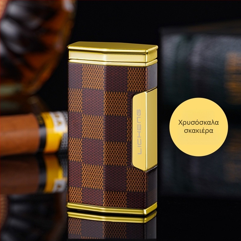 Τετραφλέμενος αναπτήρας βουτανίου για πούρα, αντιανεμικός σχεδιασμός, μεταλλικό σώμα και εκτυπωμένο λογότυπο