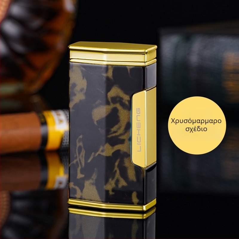 Τετραφλέμενος αναπτήρας βουτανίου για πούρα, αντιανεμικός σχεδιασμός, μεταλλικό σώμα και εκτυπωμένο λογότυπο