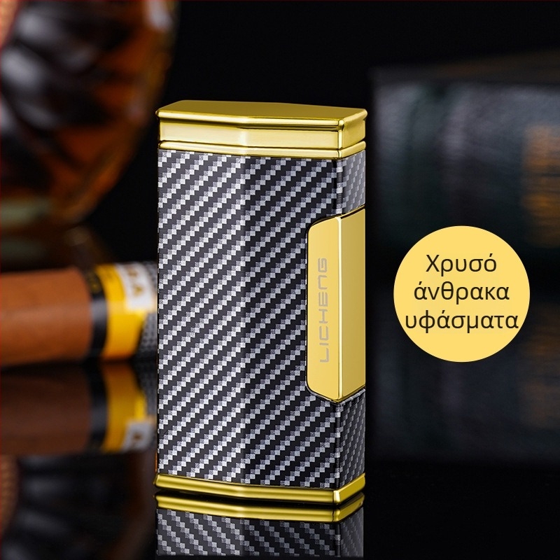 Τετραφλέμενος αναπτήρας βουτανίου για πούρα, αντιανεμικός σχεδιασμός, μεταλλικό σώμα και εκτυπωμένο λογότυπο