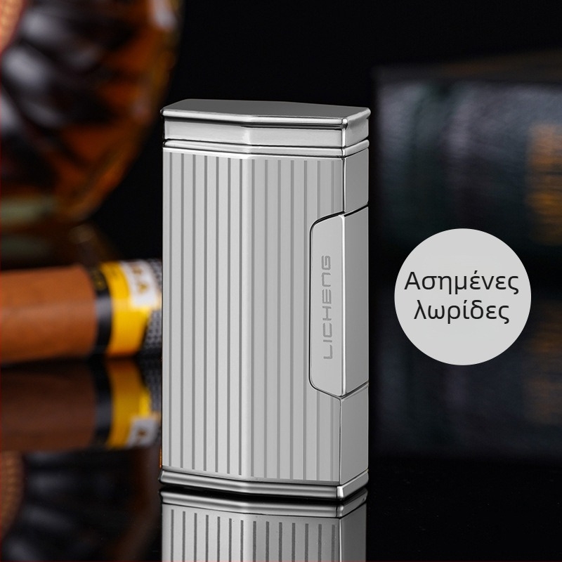 Τετραφλέμενος αναπτήρας βουτανίου για πούρα, αντιανεμικός σχεδιασμός, μεταλλικό σώμα και εκτυπωμένο λογότυπο