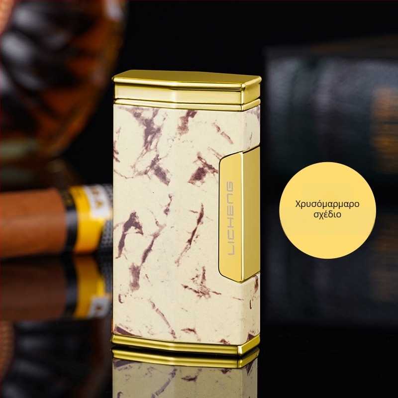 Τετραφλέμενος αναπτήρας βουτανίου για πούρα, αντιανεμικός σχεδιασμός, μεταλλικό σώμα και εκτυπωμένο λογότυπο