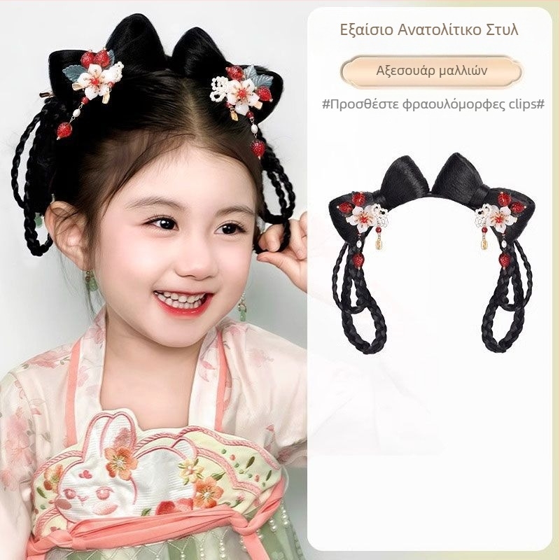 Περούκα μικρού μήκους σε στυλ Χαν δυναστείας για παιδιά, με θερμοανθεκτικό σύρμα – ενσωματωμένος κότσος και αξεσουάρ κεφαλής VM339