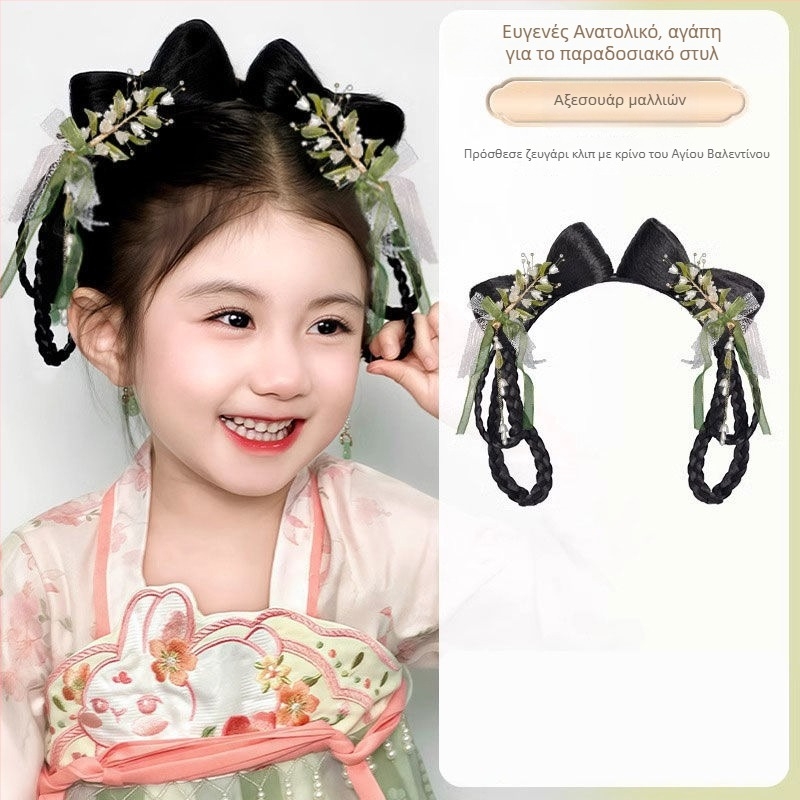 Περούκα μικρού μήκους σε στυλ Χαν δυναστείας για παιδιά, με θερμοανθεκτικό σύρμα – ενσωματωμένος κότσος και αξεσουάρ κεφαλής VM339