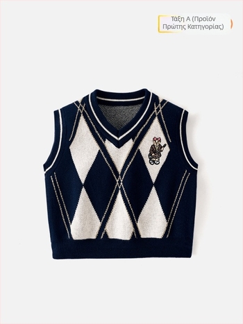 Παιδικό γιλέκο V-neck — 93,5% βαμβάκι, στυλ preppy, σχέδιο καρτούν, για ηλικίες 8+, χειμώνας-άνοιξη-φθινόπωρο