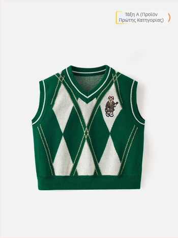 Παιδικό γιλέκο V-neck — 93,5% βαμβάκι, στυλ preppy, σχέδιο καρτούν, για ηλικίες 8+, χειμώνας-άνοιξη-φθινόπωρο