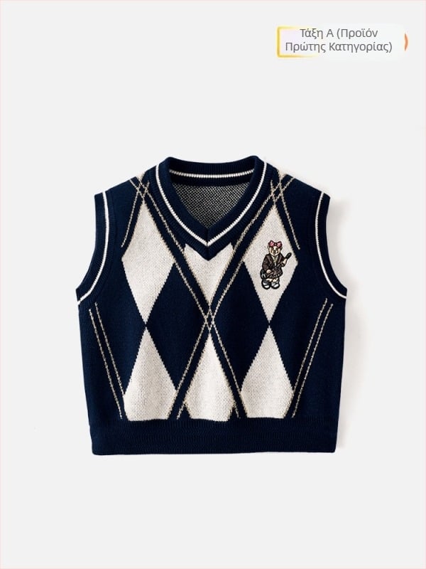 Παιδικό γιλέκο V-neck — 93,5% βαμβάκι, στυλ preppy, σχέδιο καρτούν, για ηλικίες 8+, χειμώνας-άνοιξη-φθινόπωρο