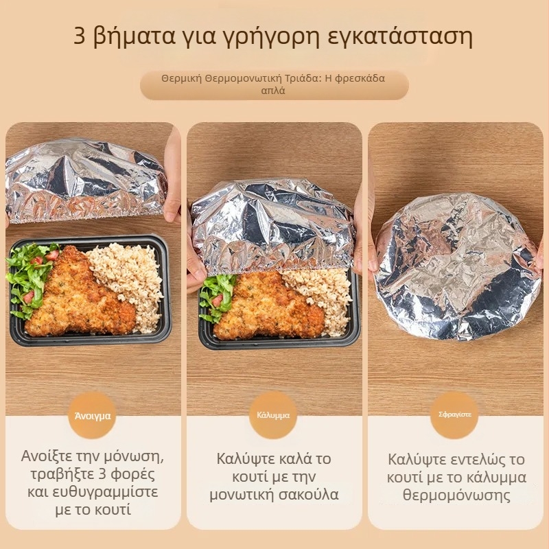 Κυκλική θερμομονωτική κάλυψη από αλουμινόχαρτο για κουτί μεσημεριανού, διατηρεί τα φαγητά ζεστά, συμβατή με φούρνο μικροκυμάτων, πολυλειτουργική.