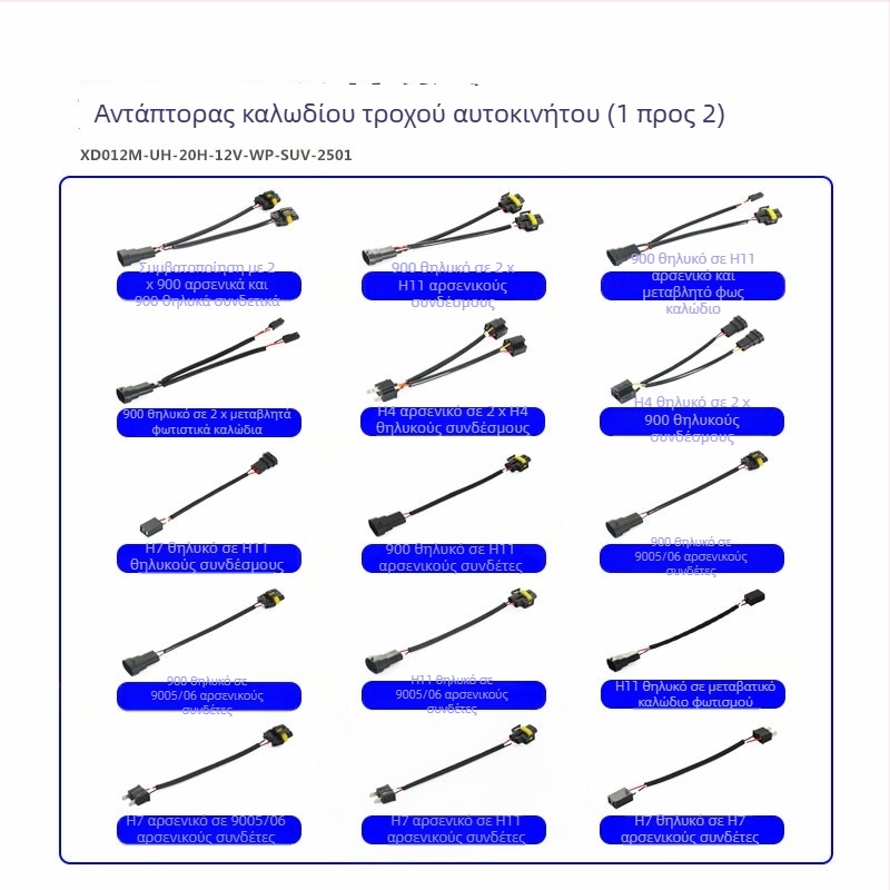 Καλώδιο προσαρμογής προβολέων αυτοκινήτου 9006 θηλυκό σε διπλό 9006/9005 αρσενικό, 12V, 35-55W, 9006 σε διπλό κεφάλι, τύποι λαμπτήρων 9006/9005/9012