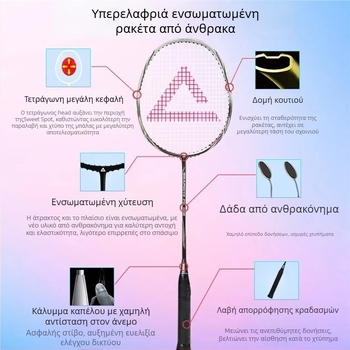 Ρακέτα Μπάντμιντον Peak YY42500, ανθρακονήματα, βάρος 90–94 g, ίσια ράκετα, λαβή G1, σκληρότητα άξονα: ελαφρώς σκληρός