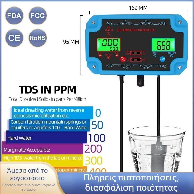 3-σε-1 online αναλυτής ποιότητας νερού για ιχθυοκαλλιέργειες: μέτρηση pH 0.00–14.00, ακρίβεια ±0.1, PH121, αλατόμετρο, θερμοκρασιακός μετρητής, 220V