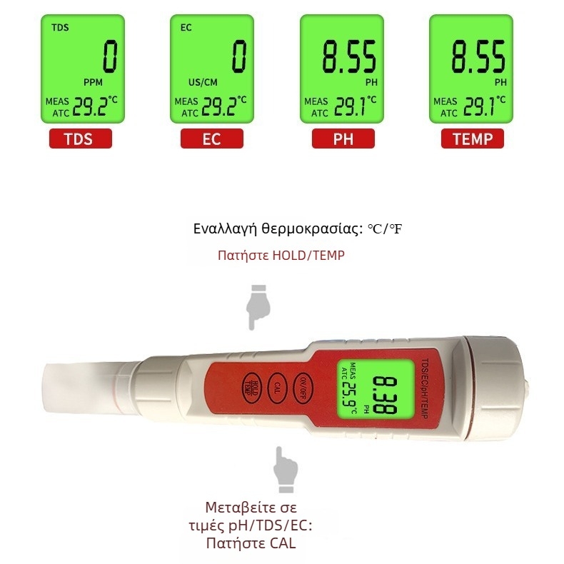 EC-9908 Φορητός Αναλυτής Ποιότητας Νερού: EC 0-9999, pH 0-14, TDS 0-9999; Ακρίβεια 0.01; Τροφοδοσία: 1.5V×4