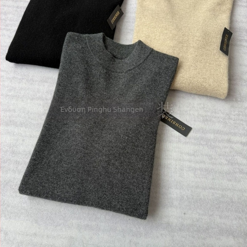 Ανδρικό χωρίς ραφή κασμίρ πουλόβερ, στρογγυλός λαιμός, μακριά μανίκια, φαρδιά γραμμή