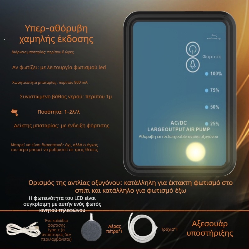 Επαναφορτιζόμενη διπλής χρήσης αντλία οξυγόνου με LED φωτισμό για το ψάρεμα, μικρή USB αντλία οξυγόνου με ρυθμίσεις πολλαπλών ταχυτήτων