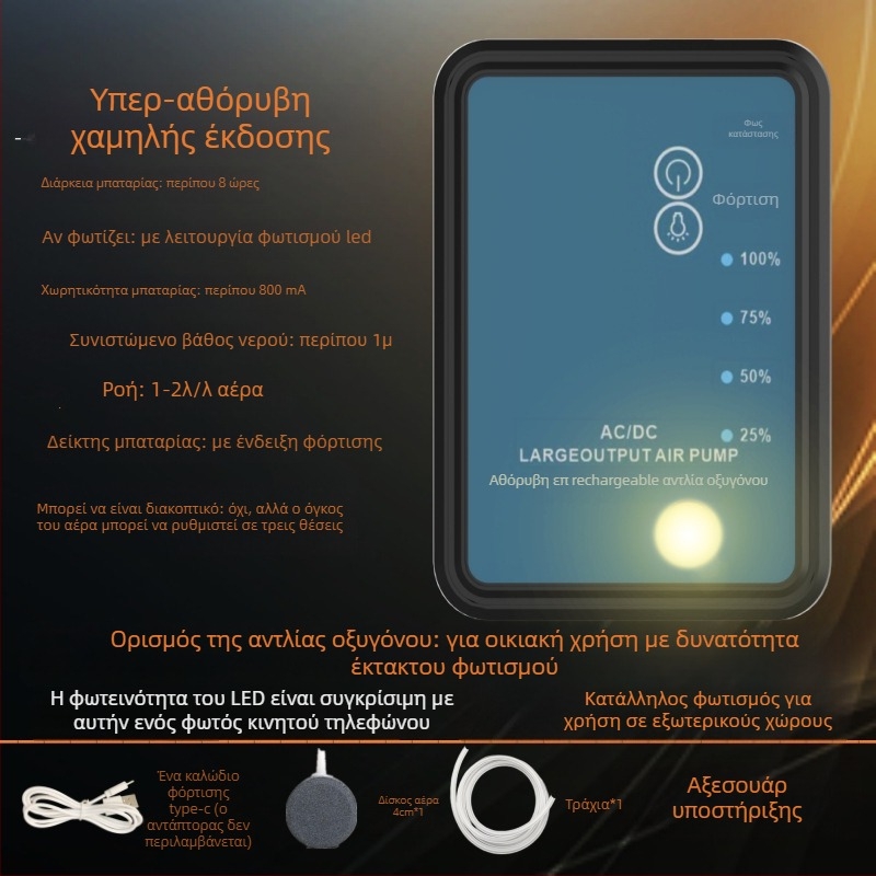 Επαναφορτιζόμενη διπλής χρήσης αντλία οξυγόνου με LED φωτισμό για το ψάρεμα, μικρή USB αντλία οξυγόνου με ρυθμίσεις πολλαπλών ταχυτήτων
