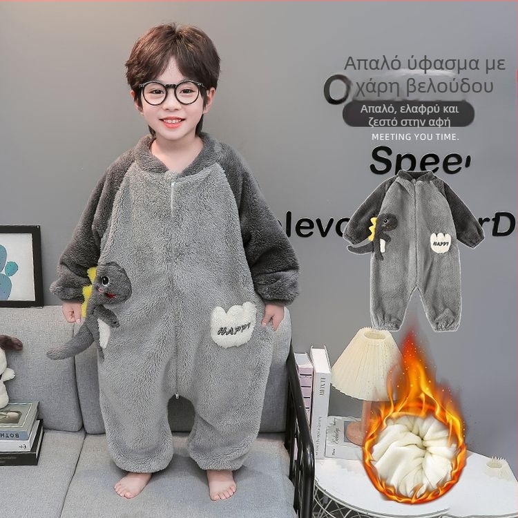 Παιδικές πιτζάμες-φορμά από coral fleece, διπλό θερμαντικό στρώμα, dinosaur-themed, για ηλικίες 3–8 ετών, χειμώνας