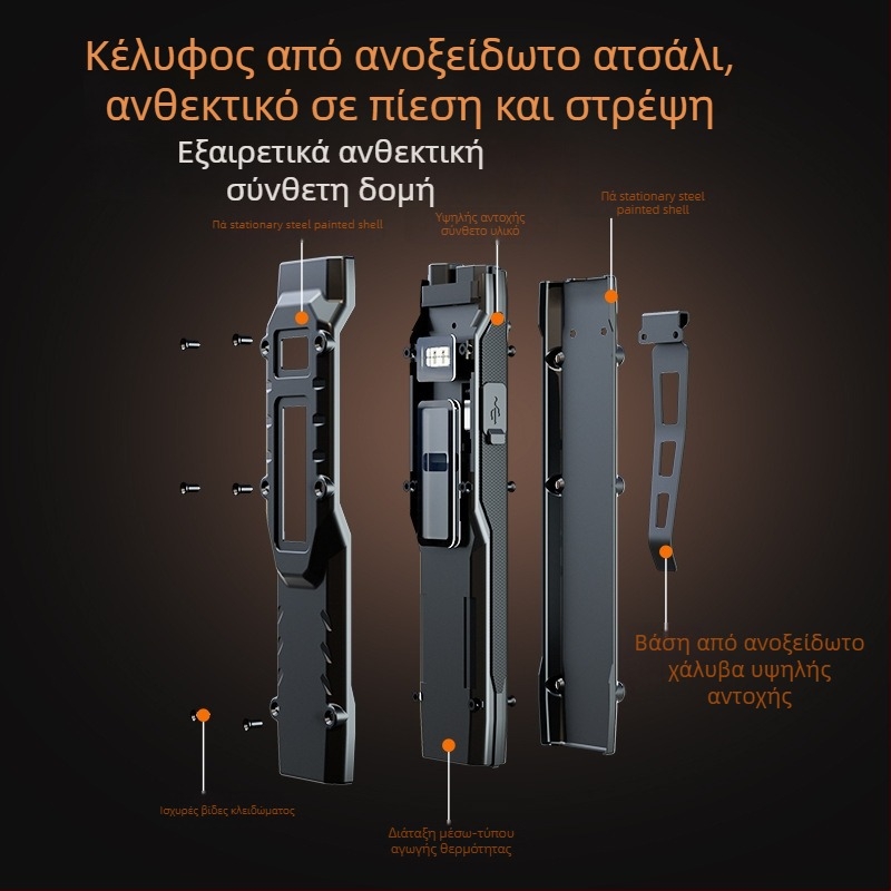 Τακτικός φακός LED, υπερλεπτός, γρήγορη φόρτιση Type-C, εμβέλεια 100–200 m