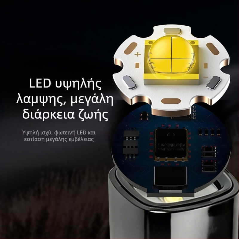 Φορτιζόμενος LED μικρός φακός με λειτουργία Power Bank — υπαίθριο κάμπινγκ, φως σκηνής, εμβέλεια 200-500 m
