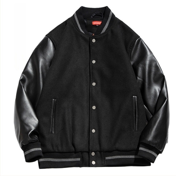 Ανδρικό μπουφάν baseball με μανίκια PU δέρμα, quilted επένδυση, ψηλή γιακά, Jacquard λεπτομέρειες, μοτίβο με εμβλήματα