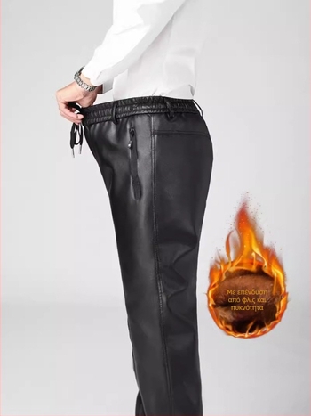 Ανδρικά παντελόνια PU δέρμα με επένδυση φλίς, μονόχρωμα, ίσια γραμμή, μεσαία μέση, παχιά χειμερινά παντελόνια