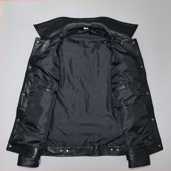 Ανδρικό δερμάτινο μπουφάν από γνήσιο δέρμα προβάτου, στενή γραμμή, κοντό μήκος, πέτο γιακά, κλείσιμο με ένα κουμπί